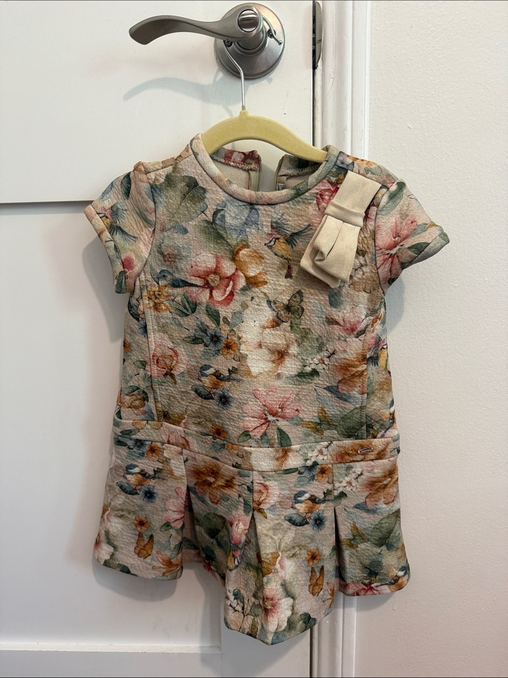 Mayoral Floral Short Sleeve Dress Top in Cream, Pink, Green, Blue
